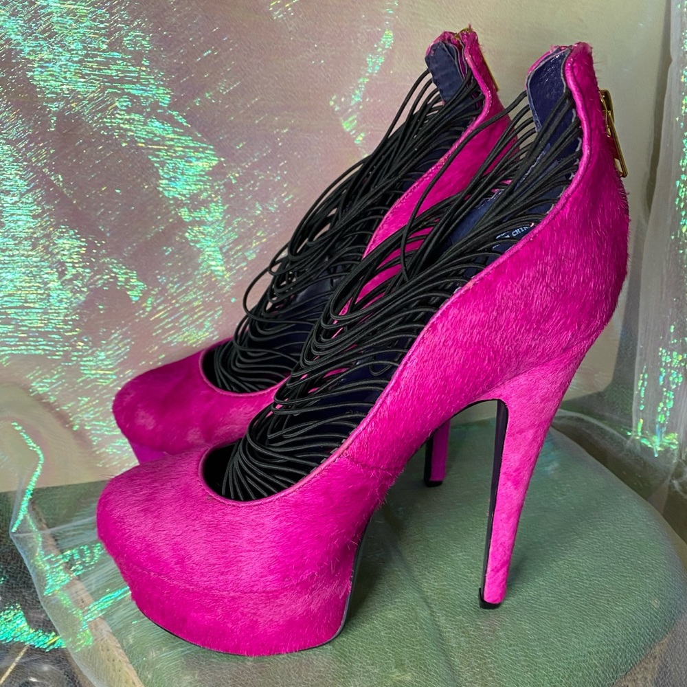 London Trash Fuchsia ponyhair platform stilettos